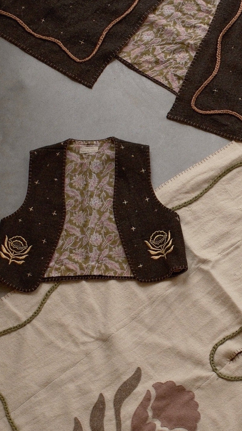 Wool vest with floral patterns and embroidered designs. Artisan fashion, sustainable luxury.